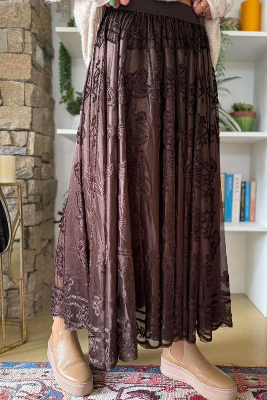 Opulance Damask Midi Skirt Rich Chocolate
